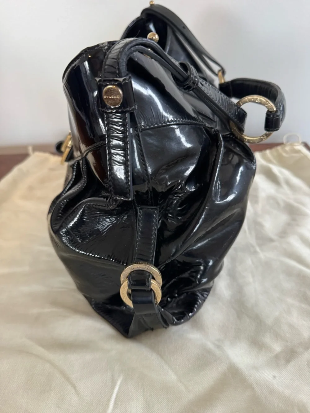Bvlgari Chandra Black Patent Leather Hobo Bag with Gold Ring Hardware with COA